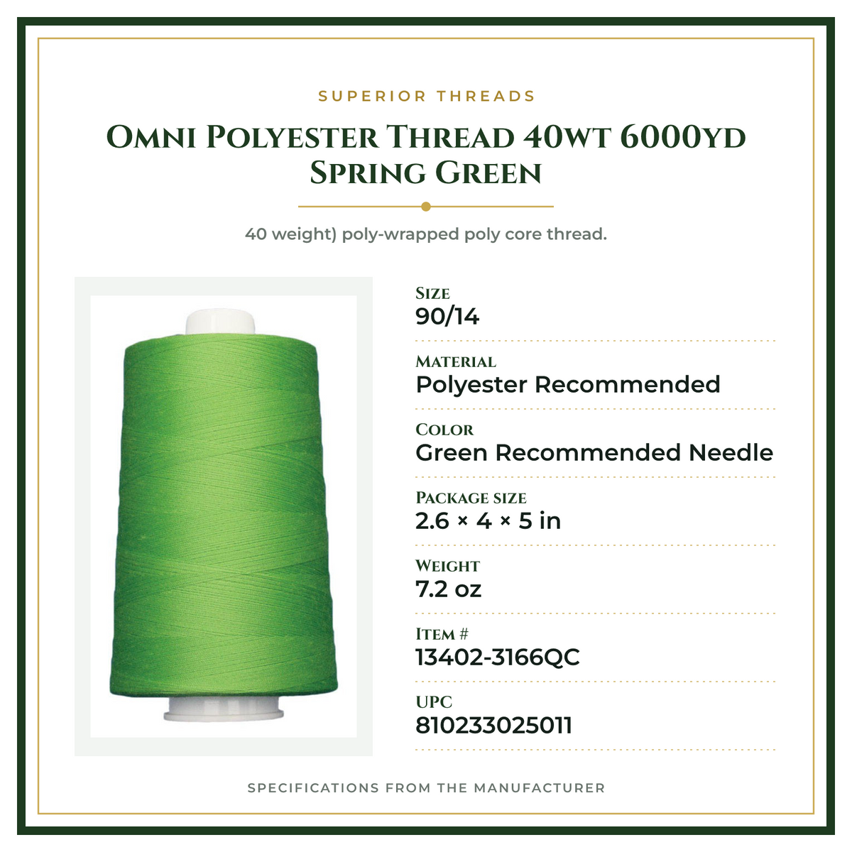 Product Specifications – Omni Polyester Thread 40wt 6000yd Spring Green