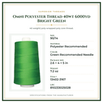 Product Specifications – Omni Polyester Thread 40wt 6000yd Bright Green