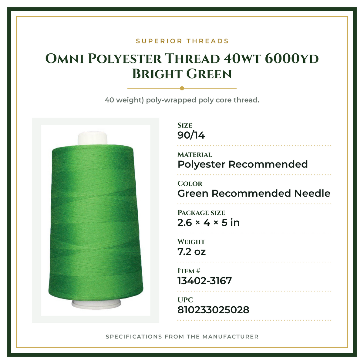 Product Specifications – Omni Polyester Thread 40wt 6000yd Bright Green