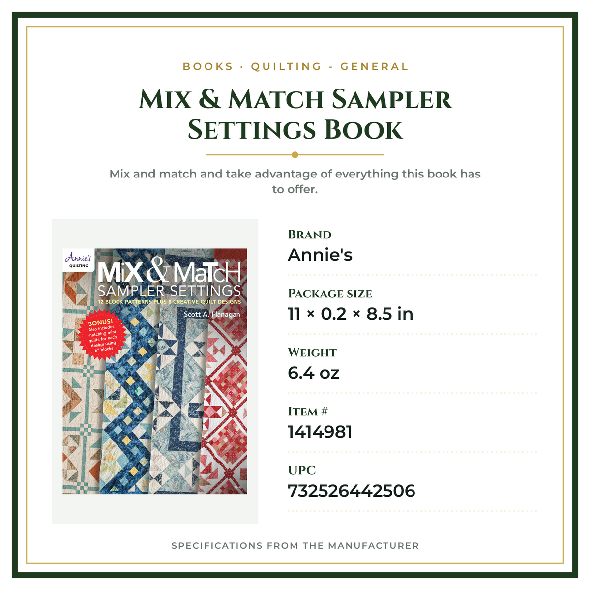 Product Specifications – Mix & Match Sampler Settings Book