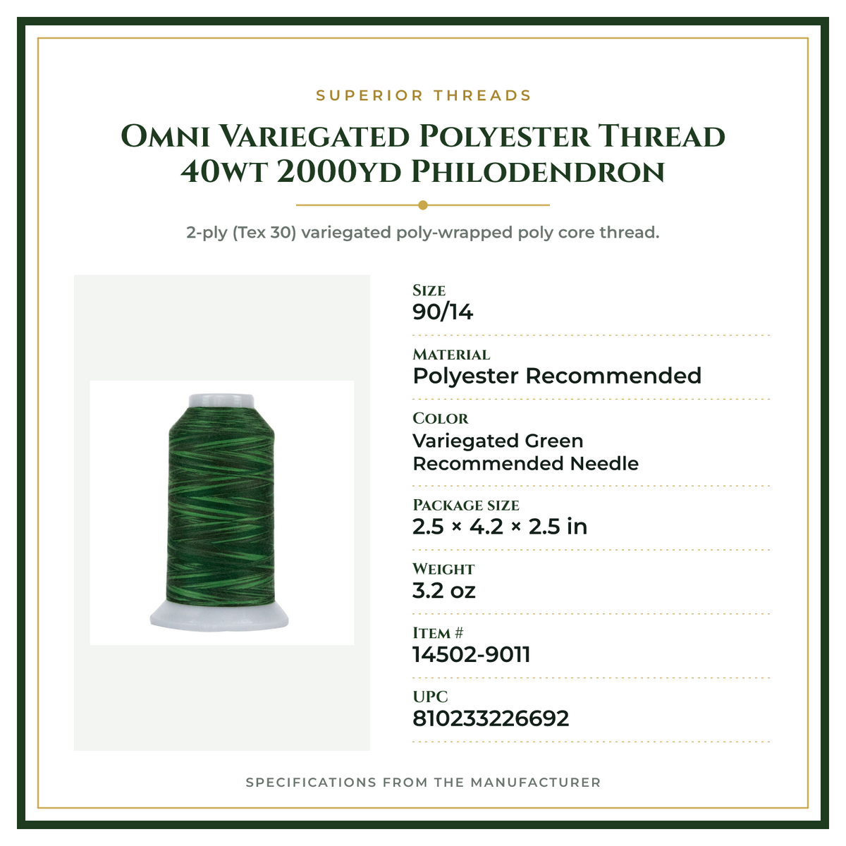 Product Specifications – Omni Variegated Polyester Thread 40wt 2000yd Philodendron