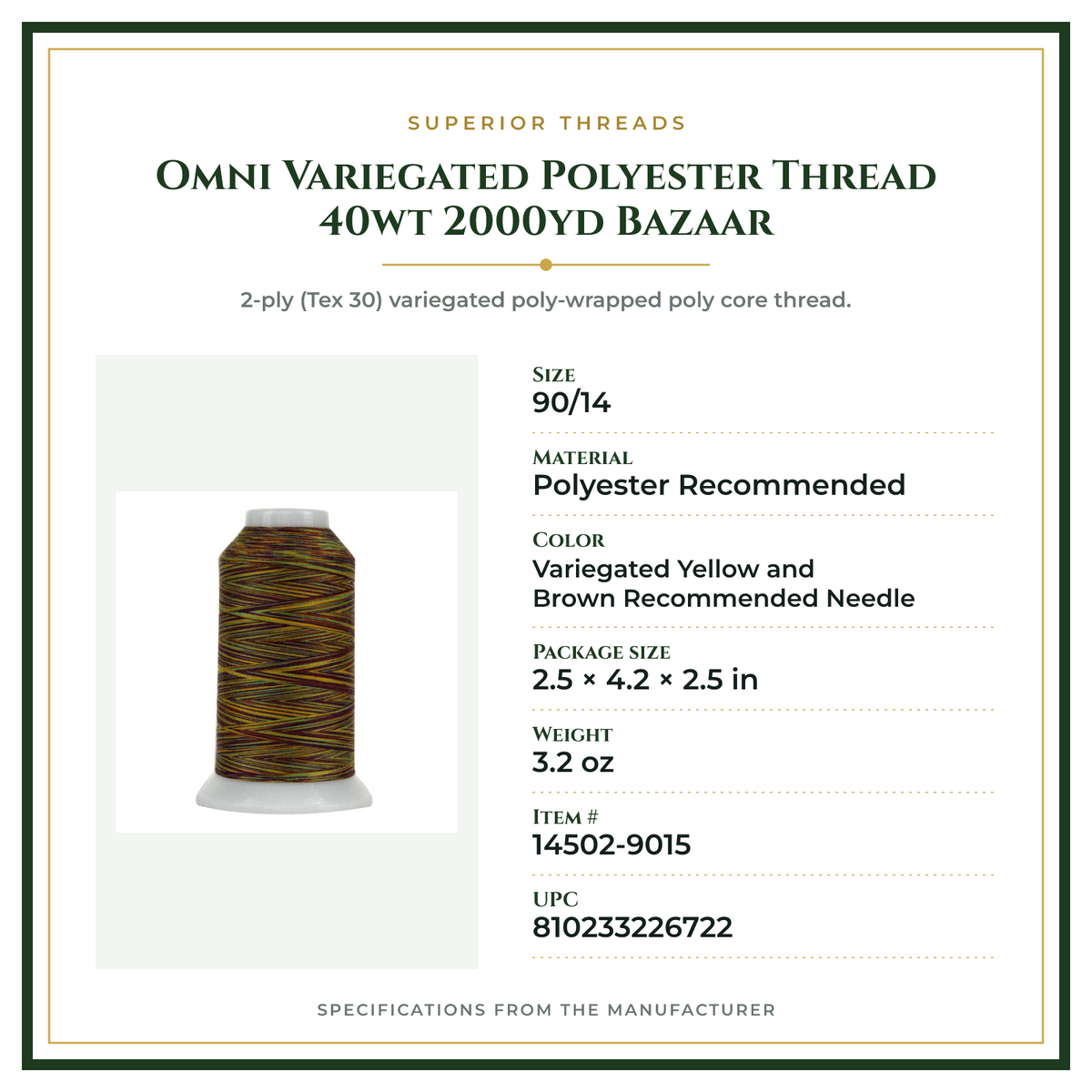 Product Specifications – Omni Variegated Polyester Thread 40wt 2000yd Bazaar