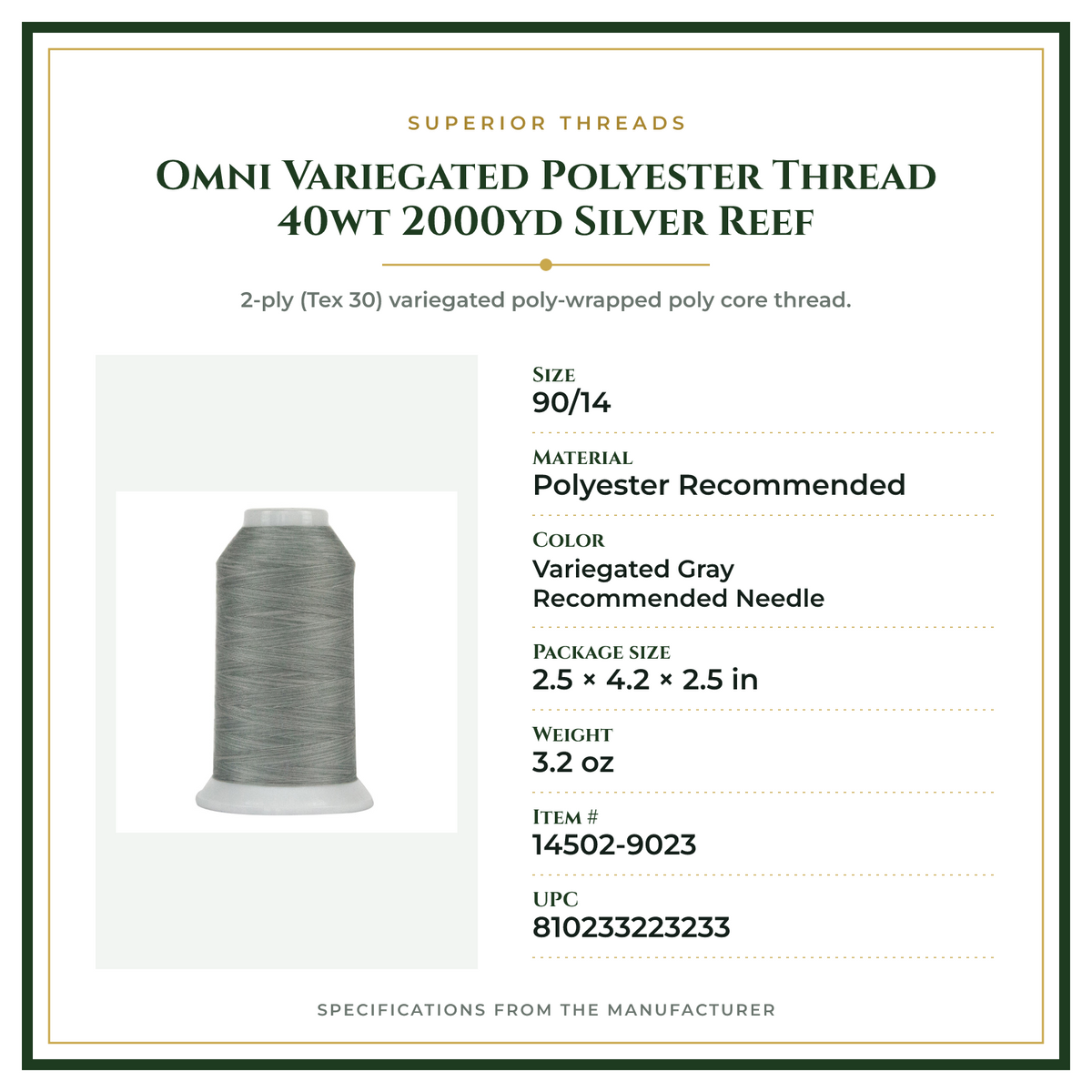 Product Specifications – Omni Variegated Polyester Thread 40wt 2000yd Silver Reef