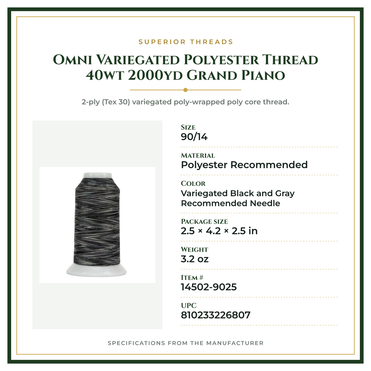 Product Specifications – Omni Variegated Polyester Thread 40wt 2000yd Grand Piano
