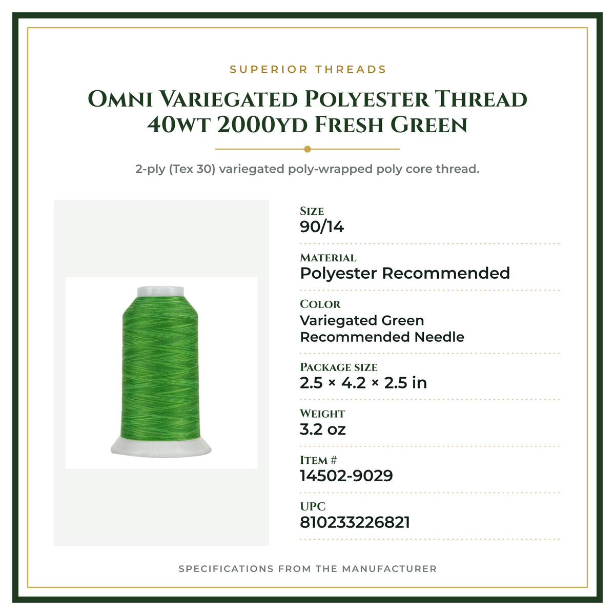Product Specifications – Omni Variegated Polyester Thread 40wt 2000yd Fresh Green