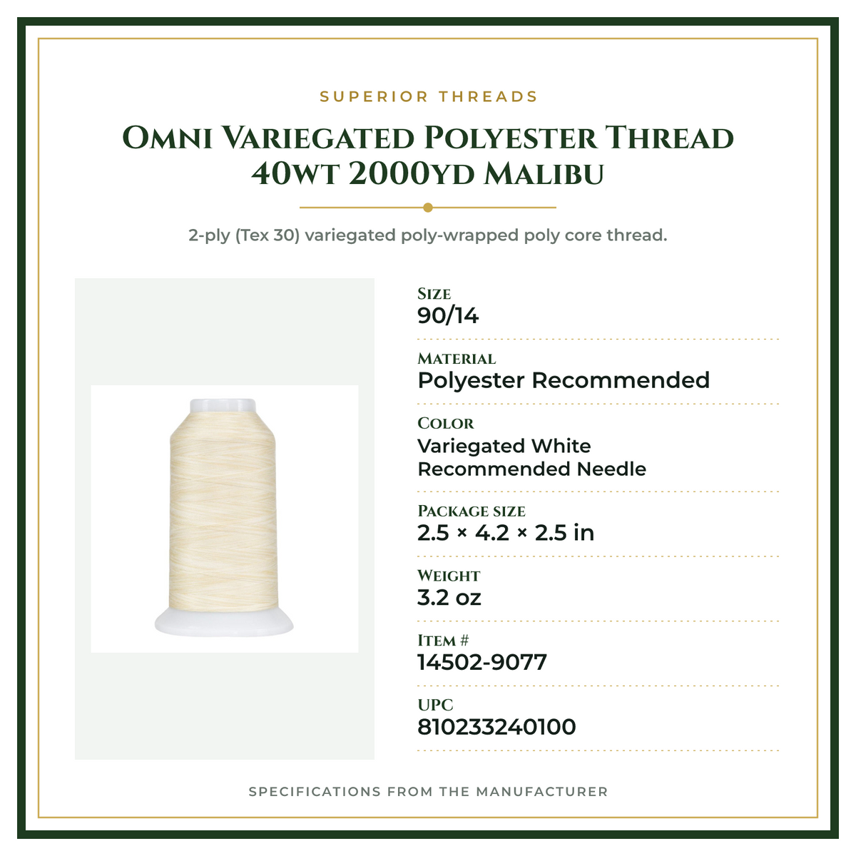 Product Specifications – Omni Variegated Polyester Thread 40wt 2000yd Malibu
