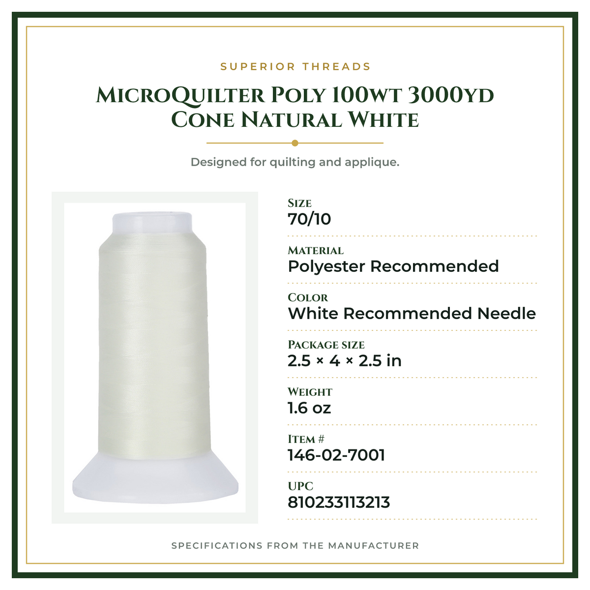 Product Specifications – MicroQuilter Poly 100wt 3000yd Cone Natural White