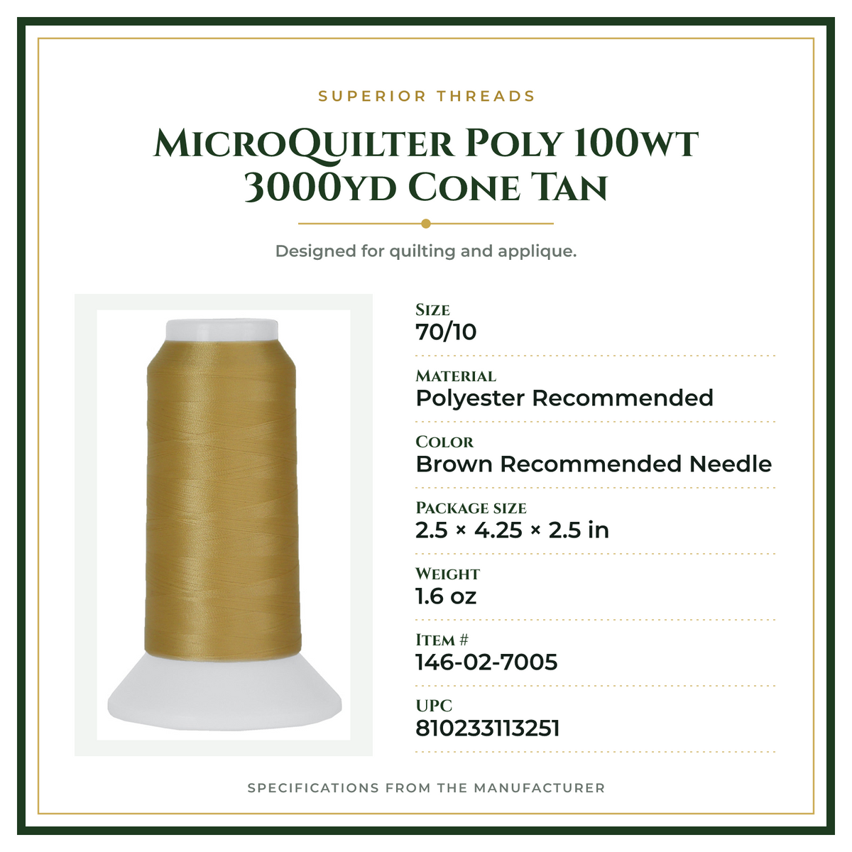 Product Specifications – MicroQuilter Poly 100wt 3000yd Cone Tan