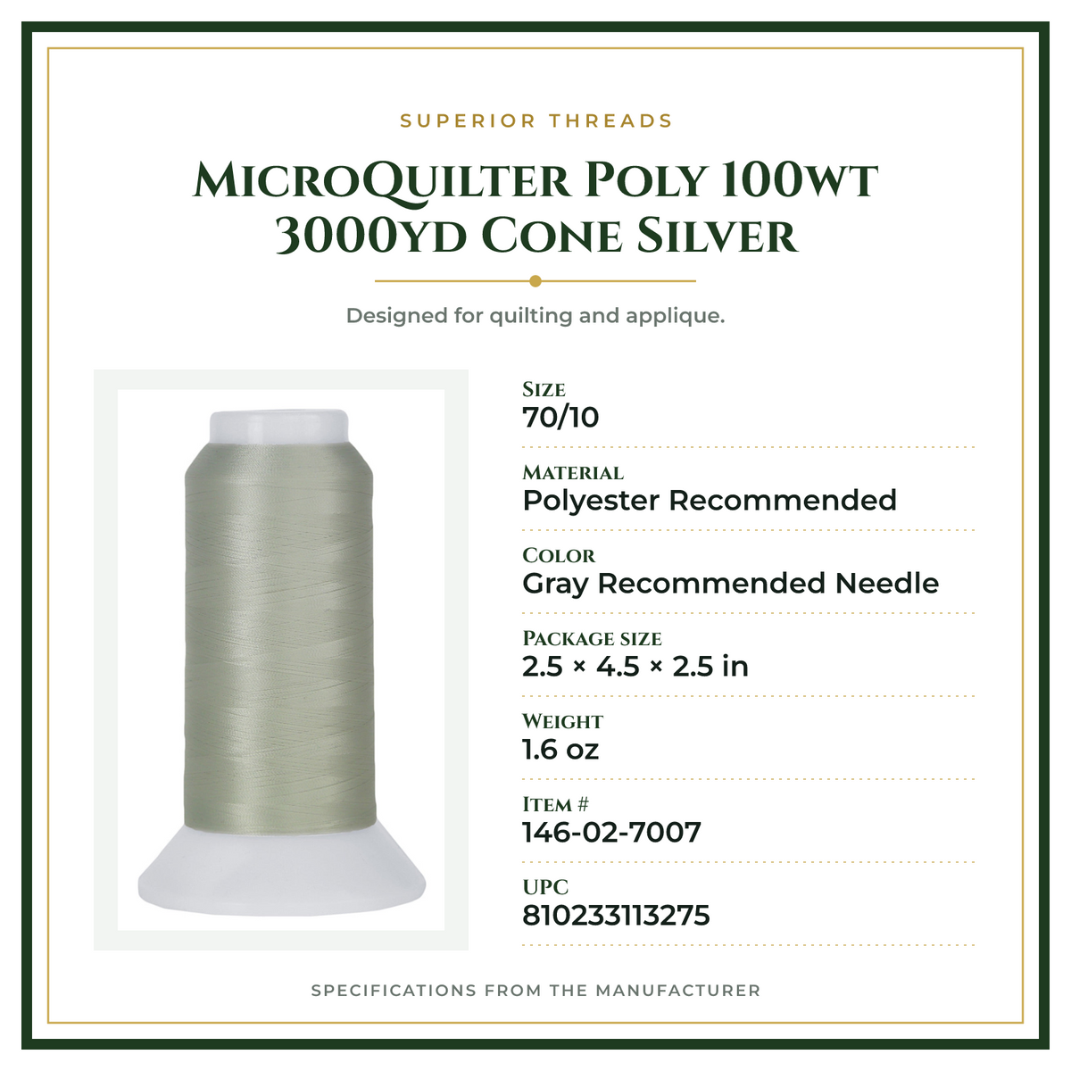 Product Specifications – MicroQuilter Poly 100wt 3000yd Cone Silver