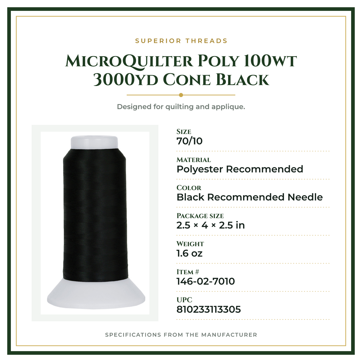 Product Specifications – MicroQuilter Poly 100wt 3000yd Cone Black