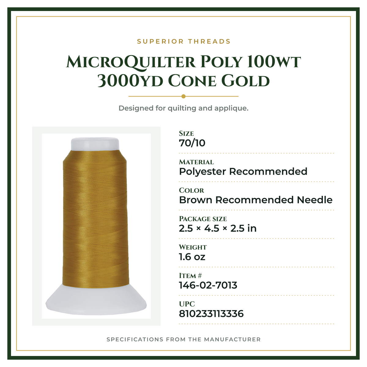 Product Specifications – MicroQuilter Poly 100wt 3000yd Cone Gold