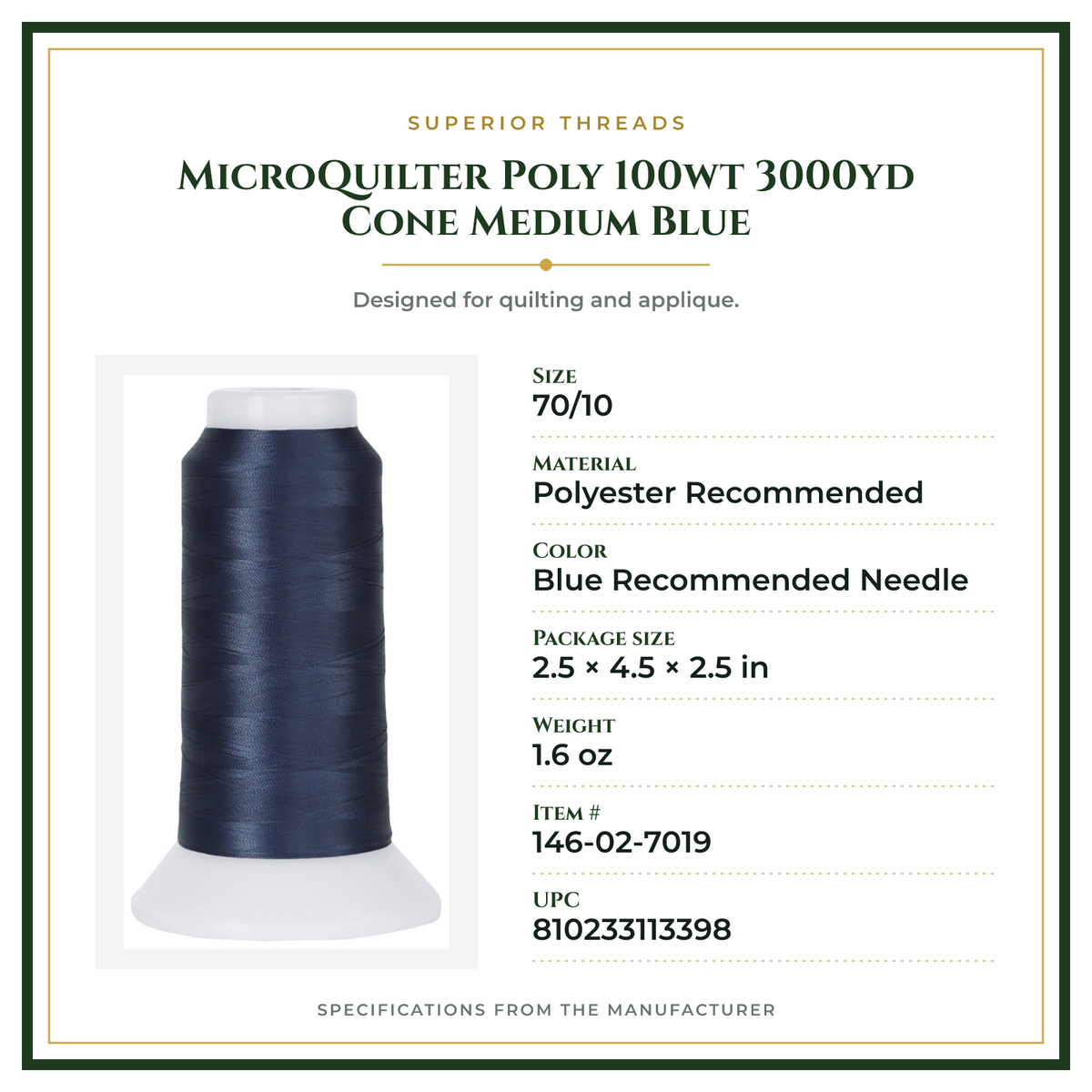 Product Specifications – MicroQuilter Poly 100wt 3000yd Cone Medium Blue