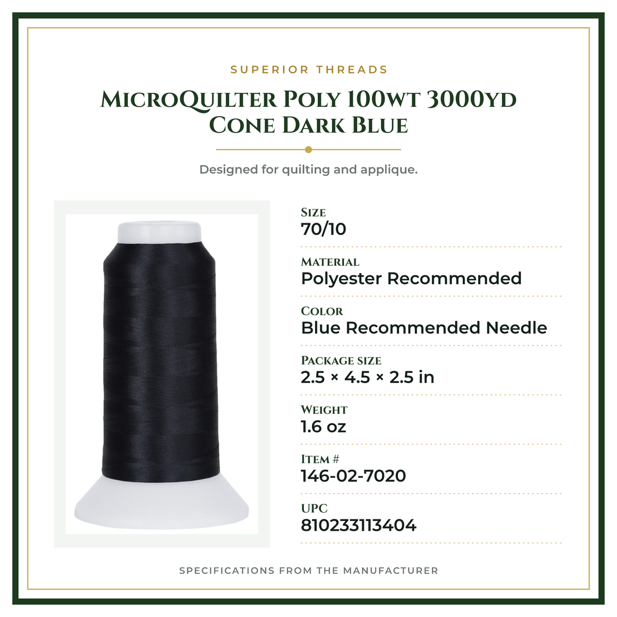 Product Specifications – MicroQuilter Poly 100wt 3000yd Cone Dark Blue