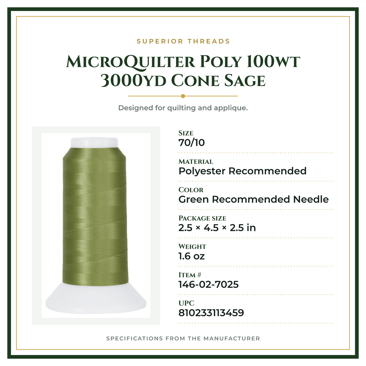 Product Specifications – MicroQuilter Poly 100wt 3000yd Cone Sage