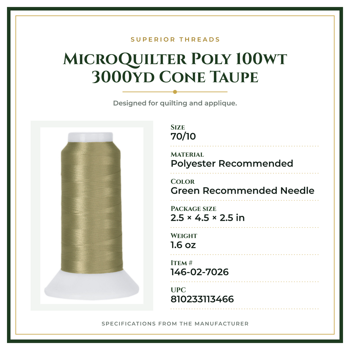 Product Specifications – MicroQuilter Poly 100wt 3000yd Cone Taupe