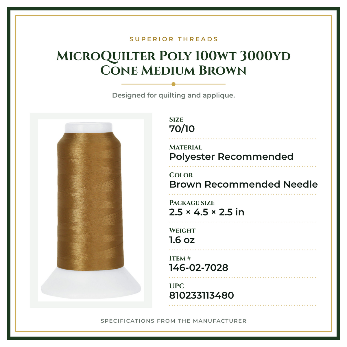 Product Specifications – MicroQuilter Poly 100wt 3000yd Cone Medium Brown