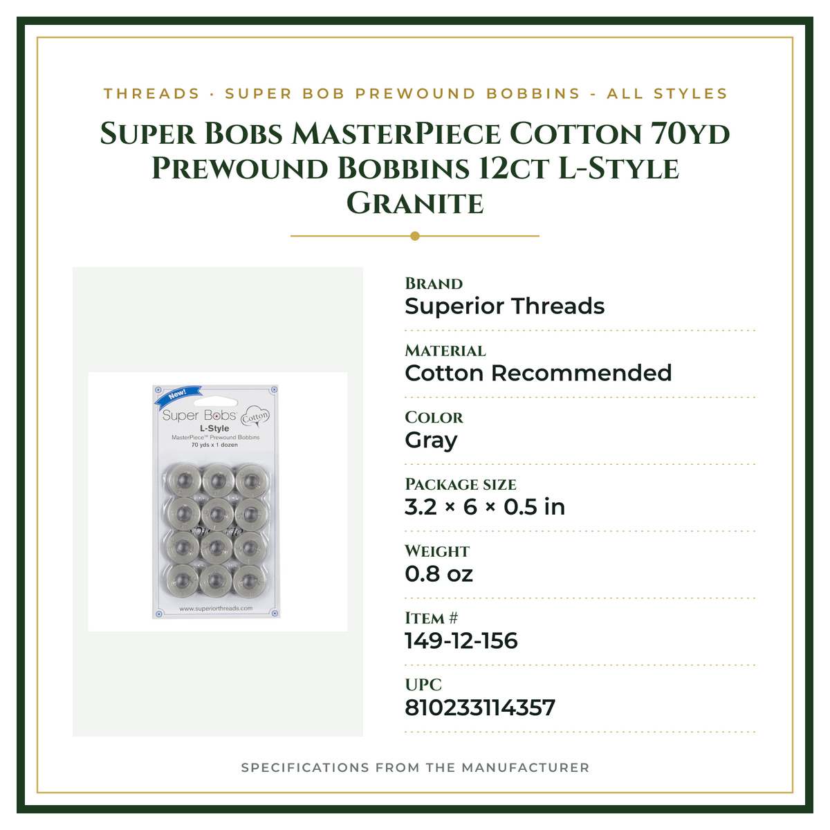 Product Specifications – Super Bobs MasterPiece Cotton 70yd Prewound Bobbins 12ct L-Style Granite