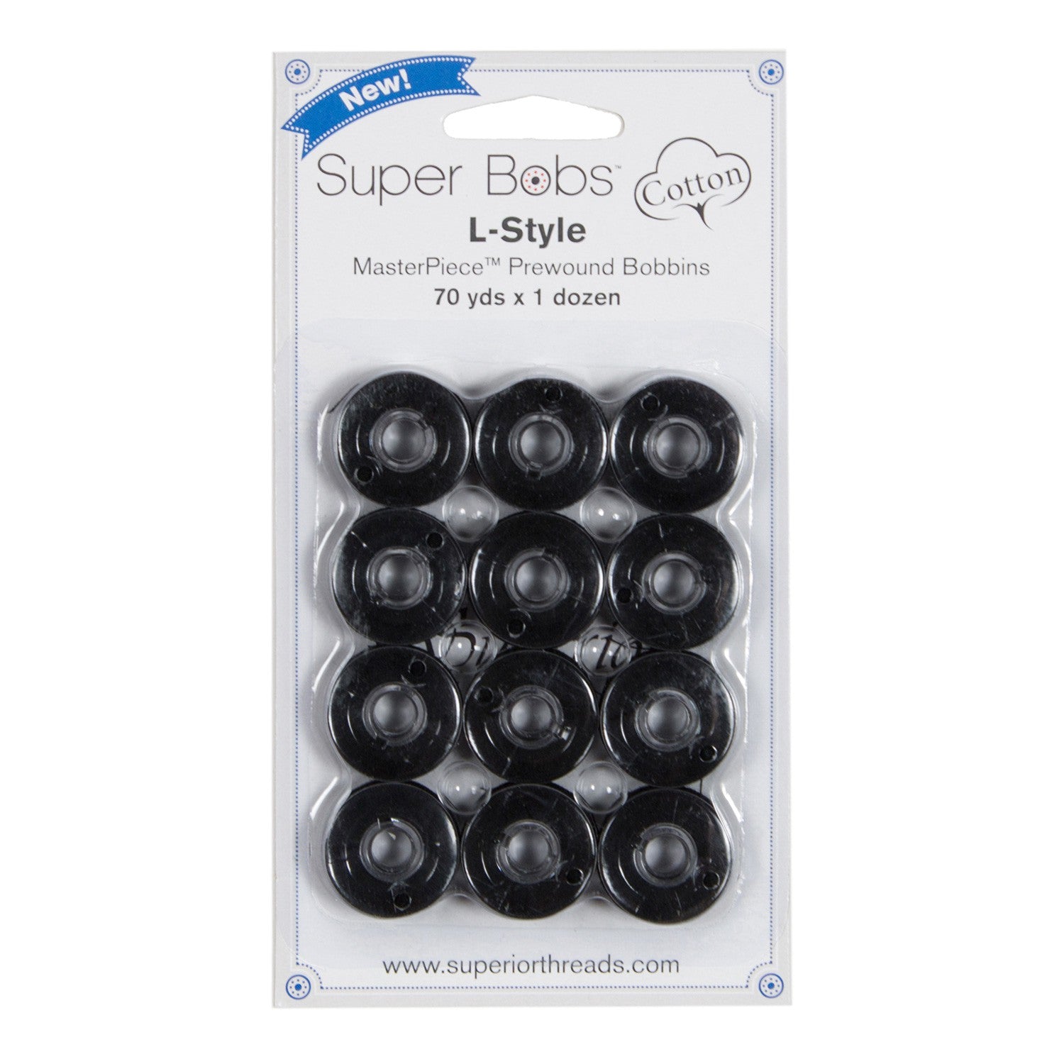 Super Bobs MasterPiece Cotton 70yd Prewound Bobbins 12ct L-Style Raven