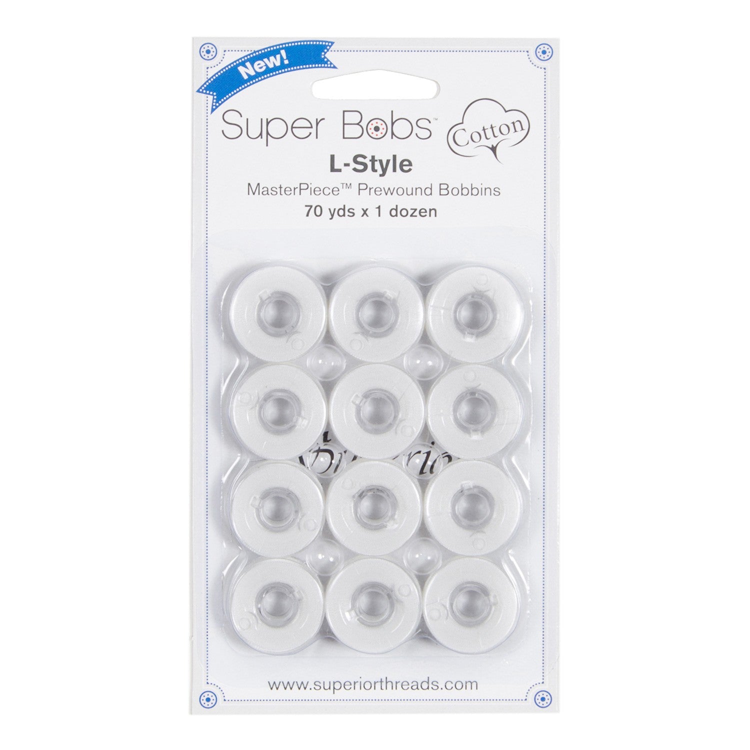 Super Bobs MasterPiece Cotton 70yd Prewound Bobbins 12ct L-Style Blanc