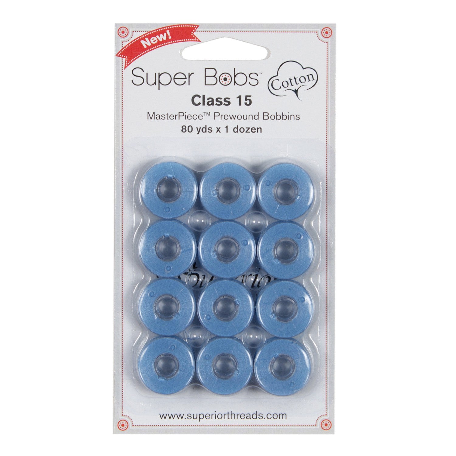 Super Bobs MasterPiece Cotton 80yd Prewound Bobbins 12ct Class 15 Azure