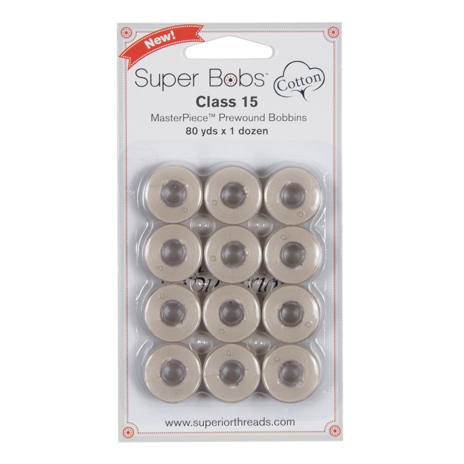 Super Bobs MasterPiece Cotton 80yd Prewound Bobbins 12ct Class 15 Bisque