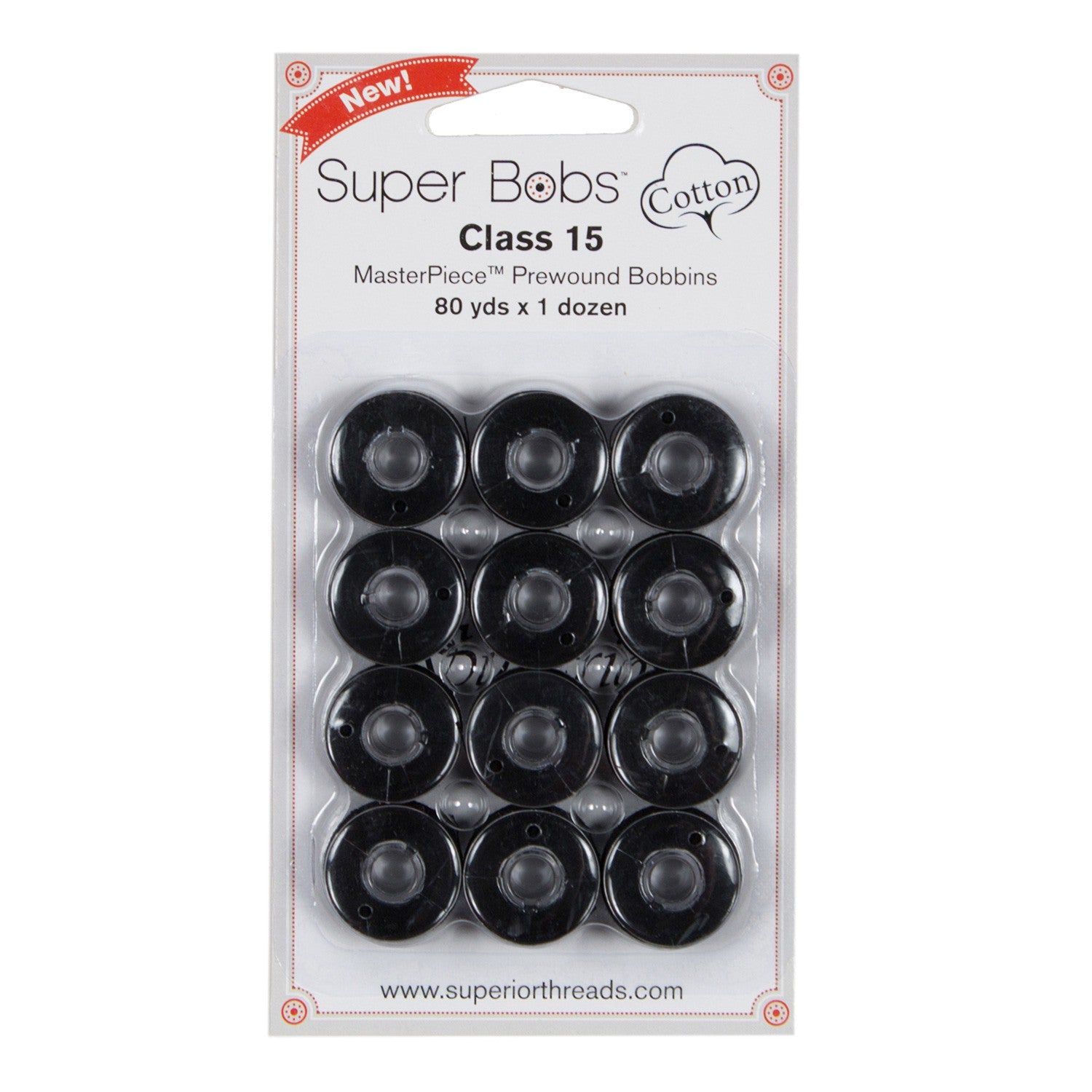 Super Bobs MasterPiece Cotton 80yd Prewound Bobbins 12ct Class 15 Raven
