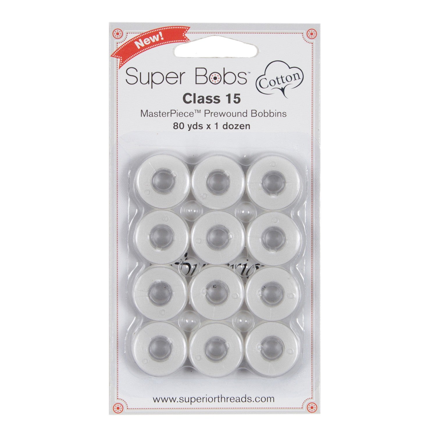 Super Bobs MasterPiece Cotton 80yd Prewound Bobbins 12ct Class 15 Blanc