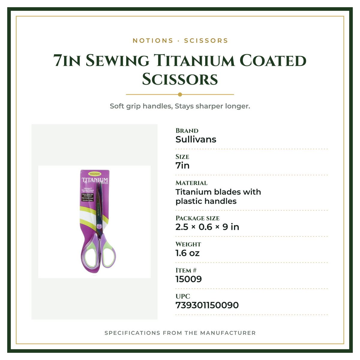 Product Specifications – 7in Sewing Titanium Coated Scissors