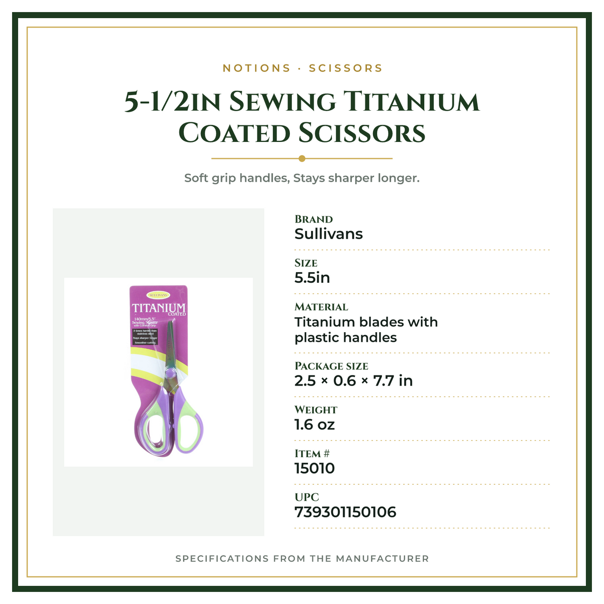 Product Specifications – 5-1/2in Sewing Titanium Coated Scissors