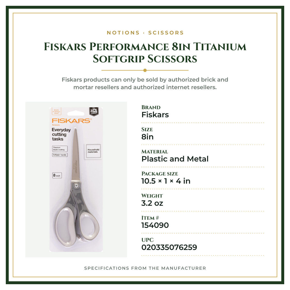 Product Specifications – Fiskars Performance 8in Titanium Softgrip Scissors