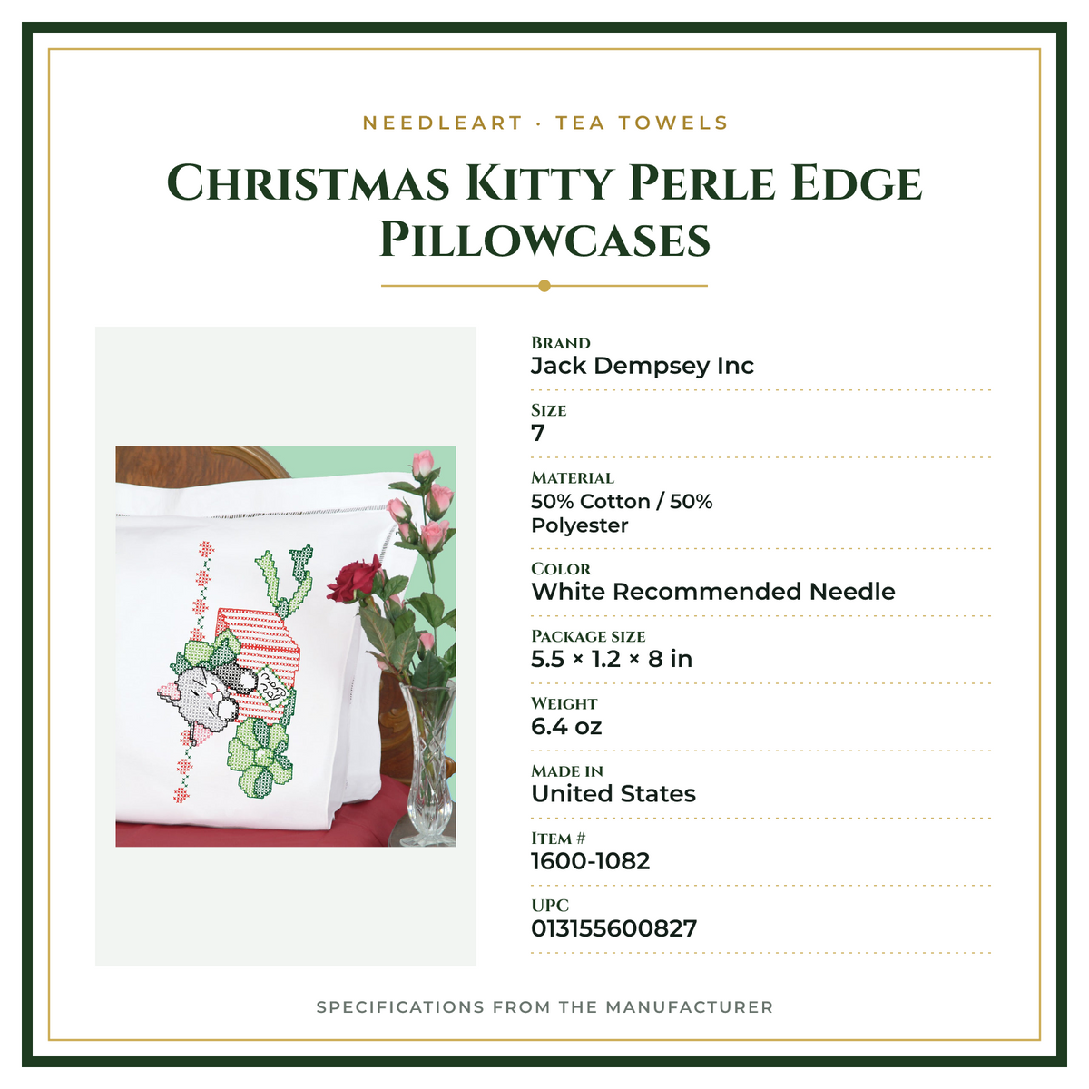 Product Specifications – Christmas Kitty Perle Edge Pillowcases
