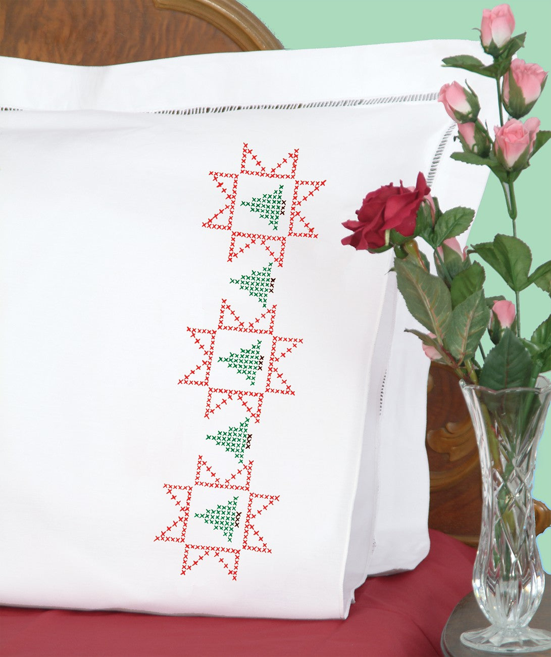 Cross-Stitch Christmas Tree Perle Edge Pillowcases