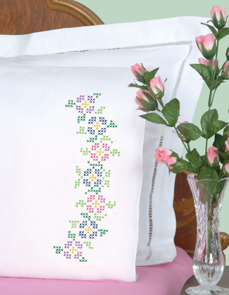 Cross-Stitch Flowers Perle Edge Pillowcases