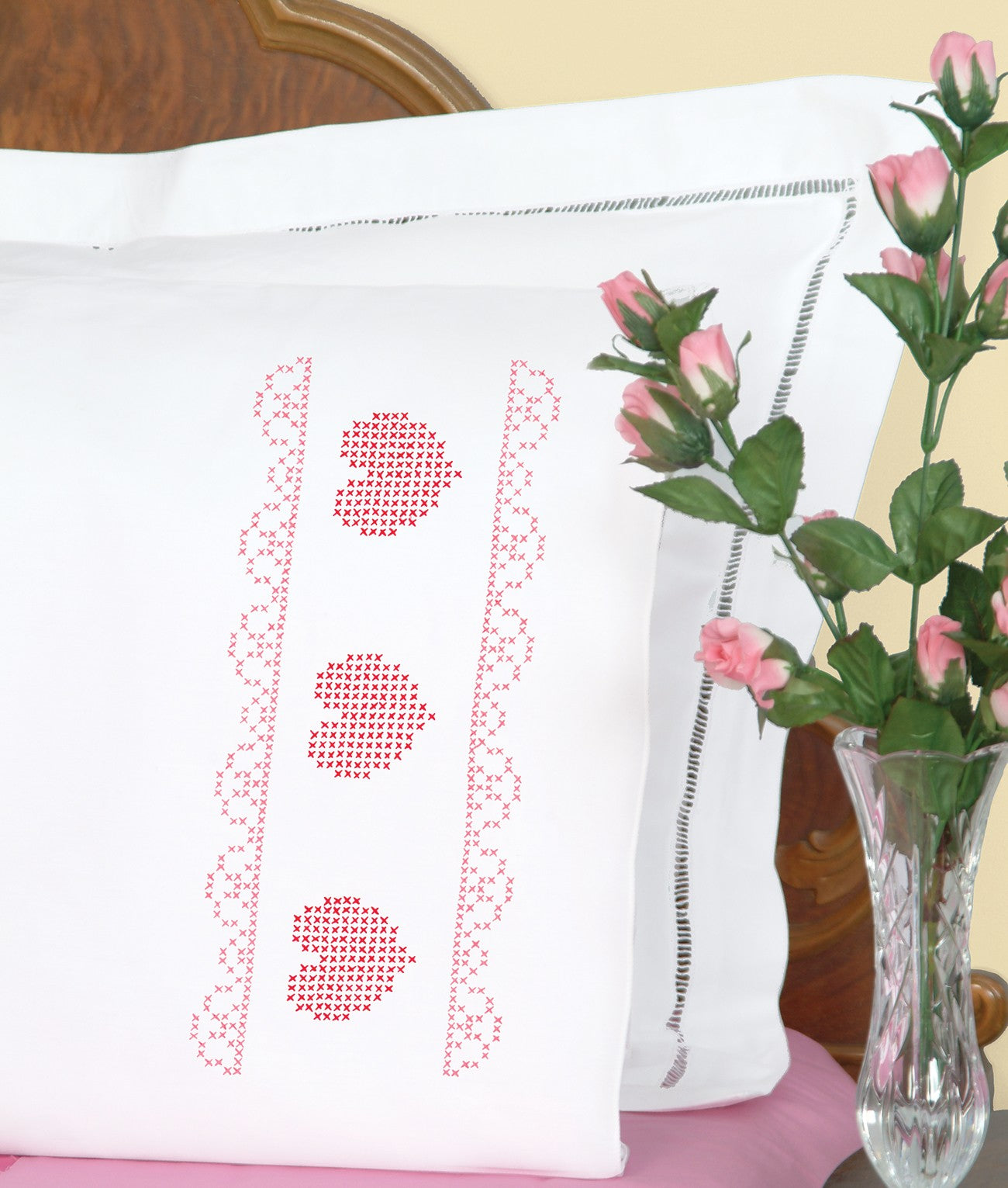 Cross-Stitch Heart & Lace Perle Edge Pillowcases