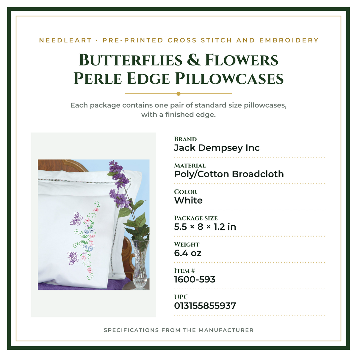 Product Specifications – Butterflies & Flowers Perle Edge Pillowcases