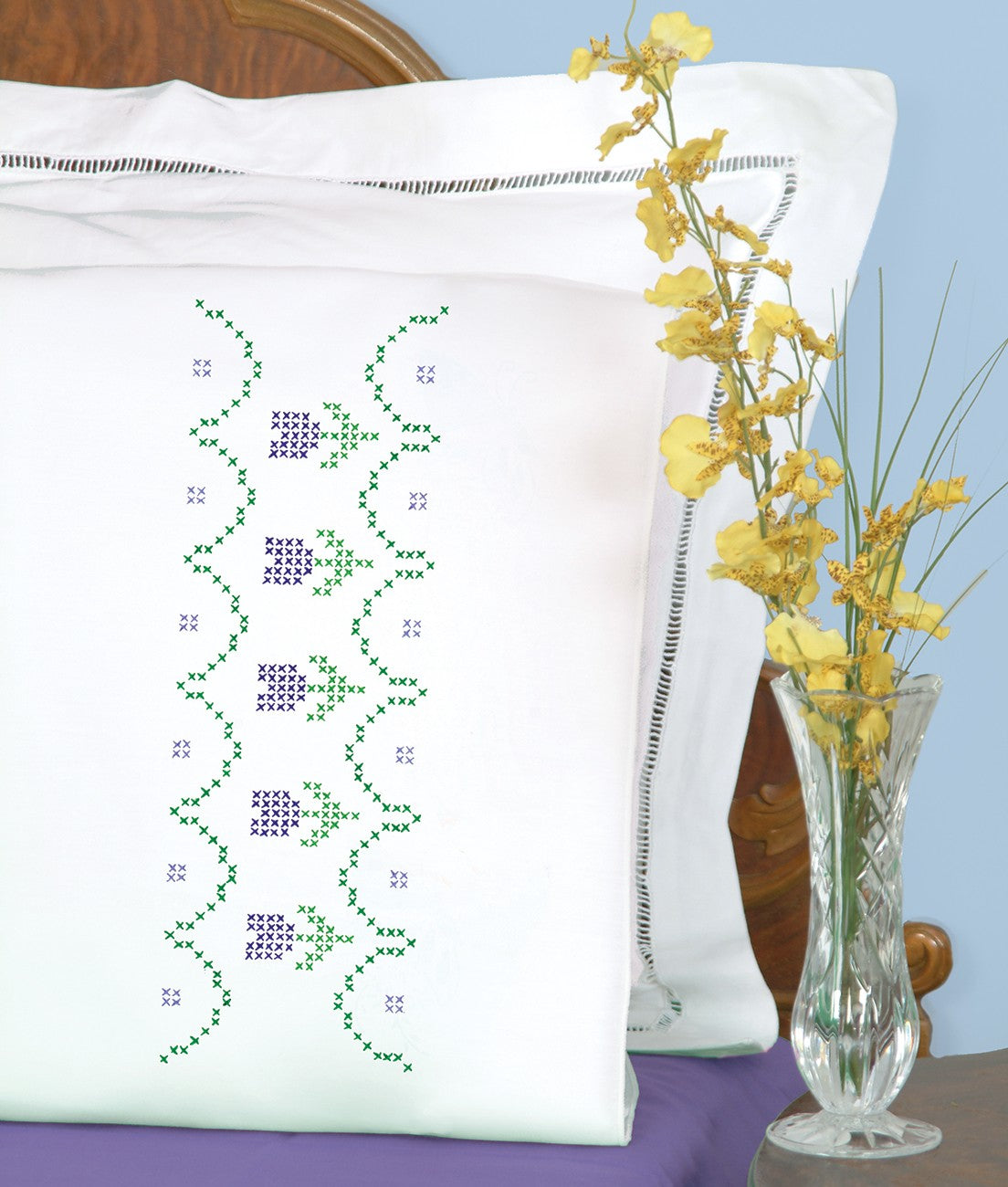 Cross-Stitch Tulips Perle Edge Pillowcases
