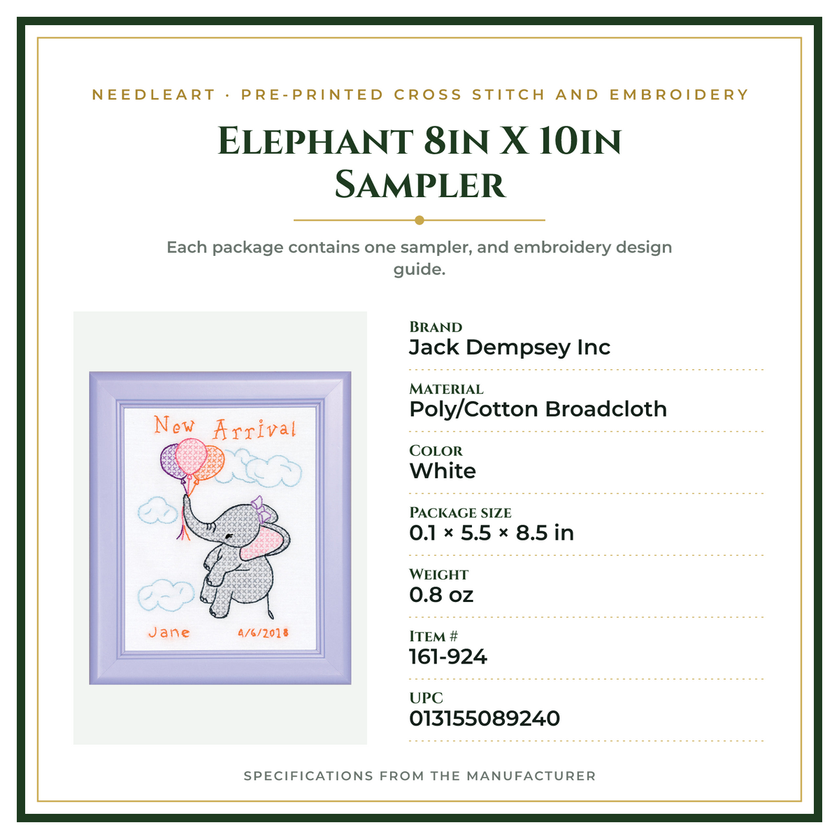 Product Specifications – Elephant 8in X 10in Sampler