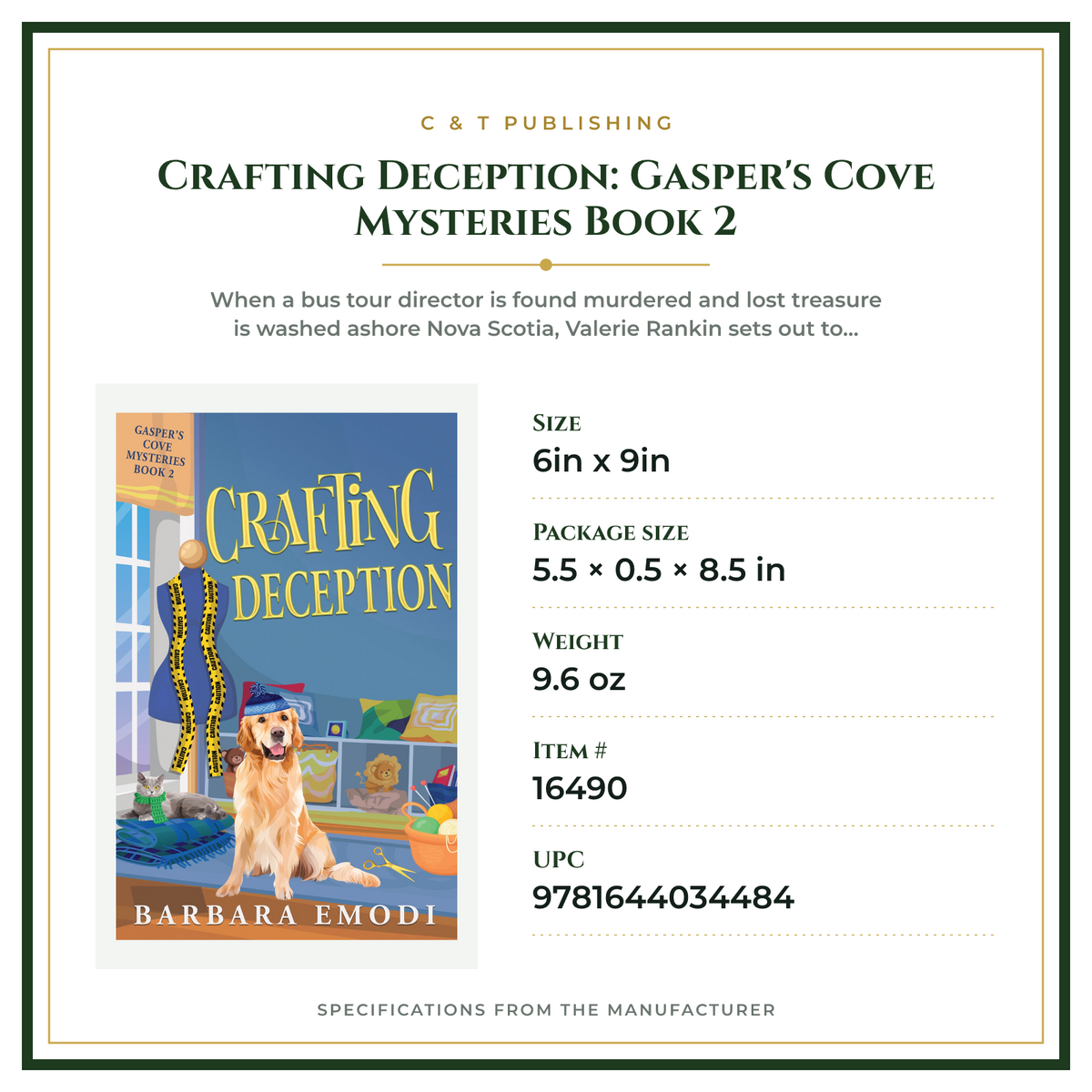 Product Specifications – Crafting Deception: Gasper's Cove Mysteries Book 2