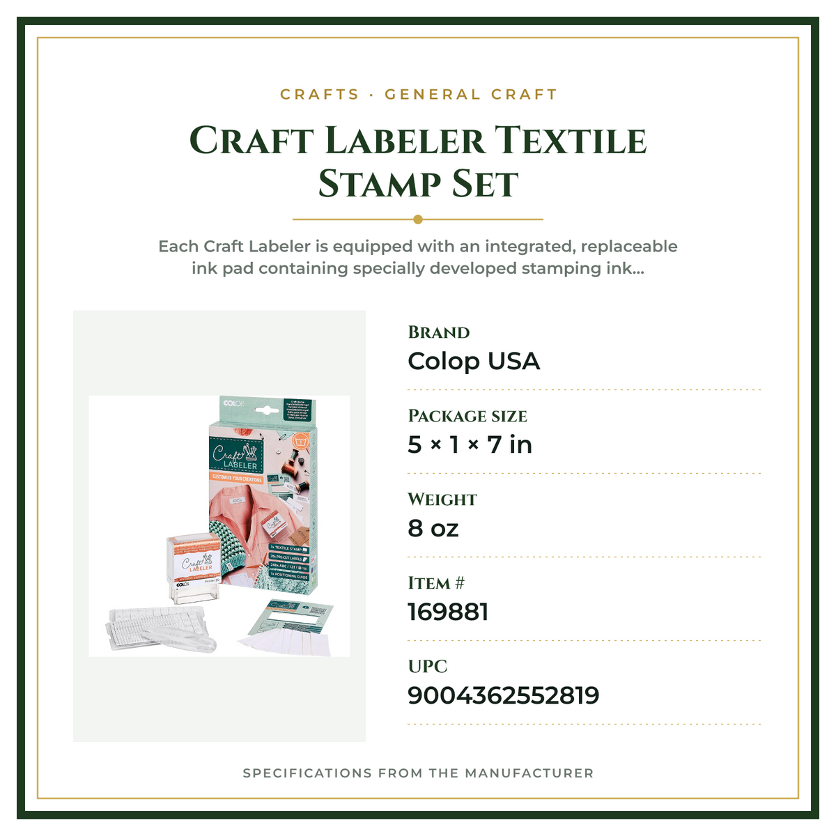 Product Specifications – Craft Labeler Textile Stamp Set