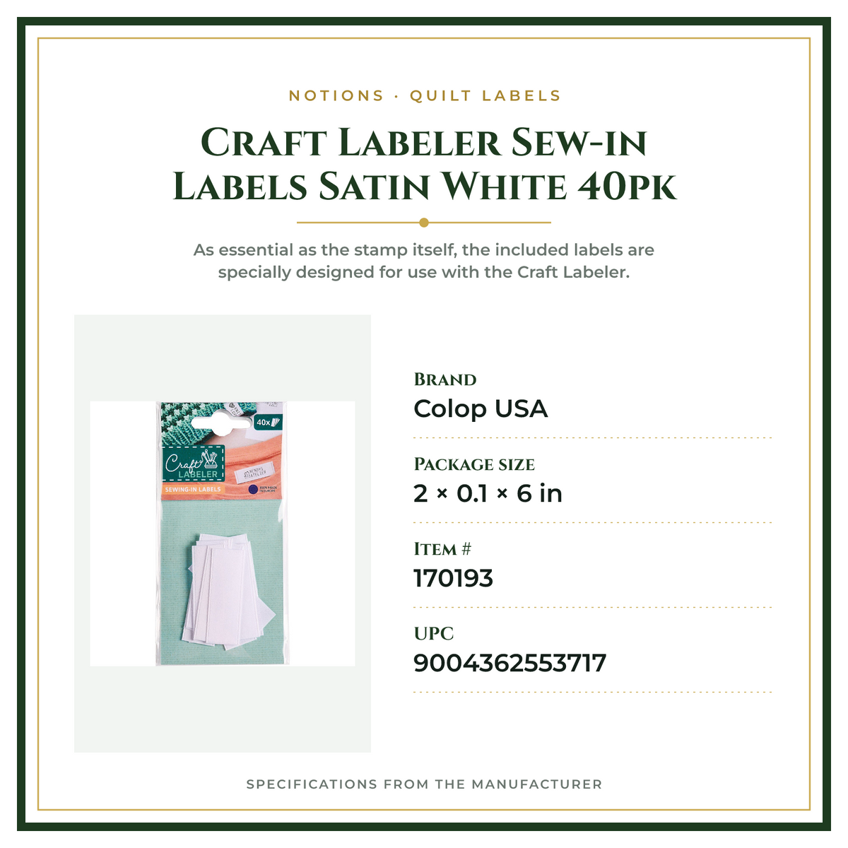 Product Specifications – Craft Labeler Sew-in Labels Satin White 40pk