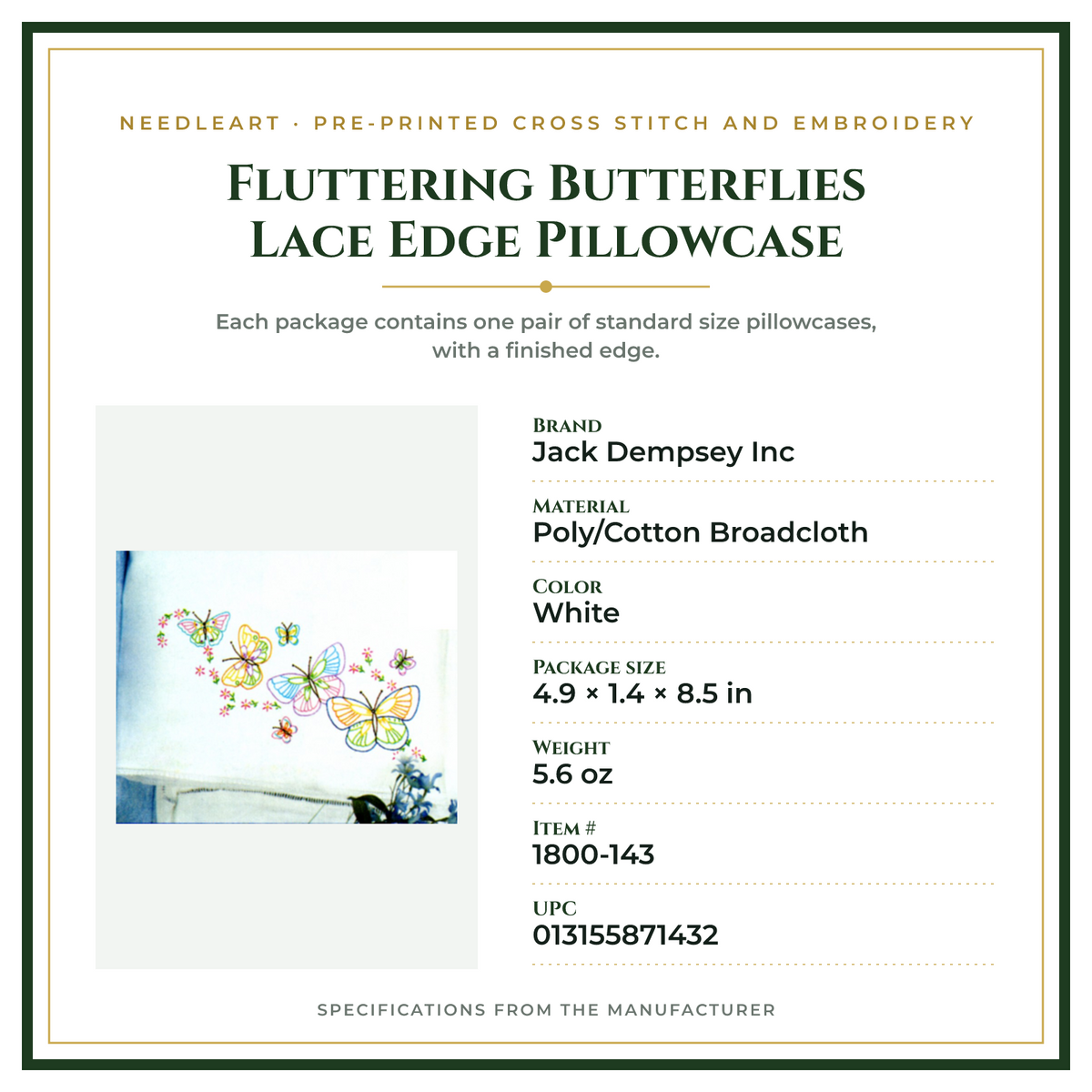 Product Specifications – Fluttering Butterflies Lace Edge Pillowcase
