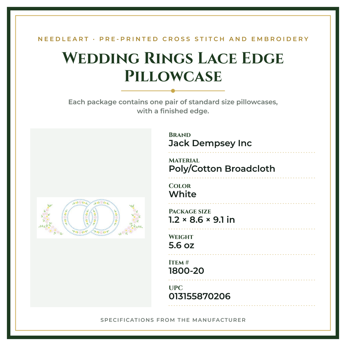 Product Specifications – Wedding Rings Lace Edge Pillowcase