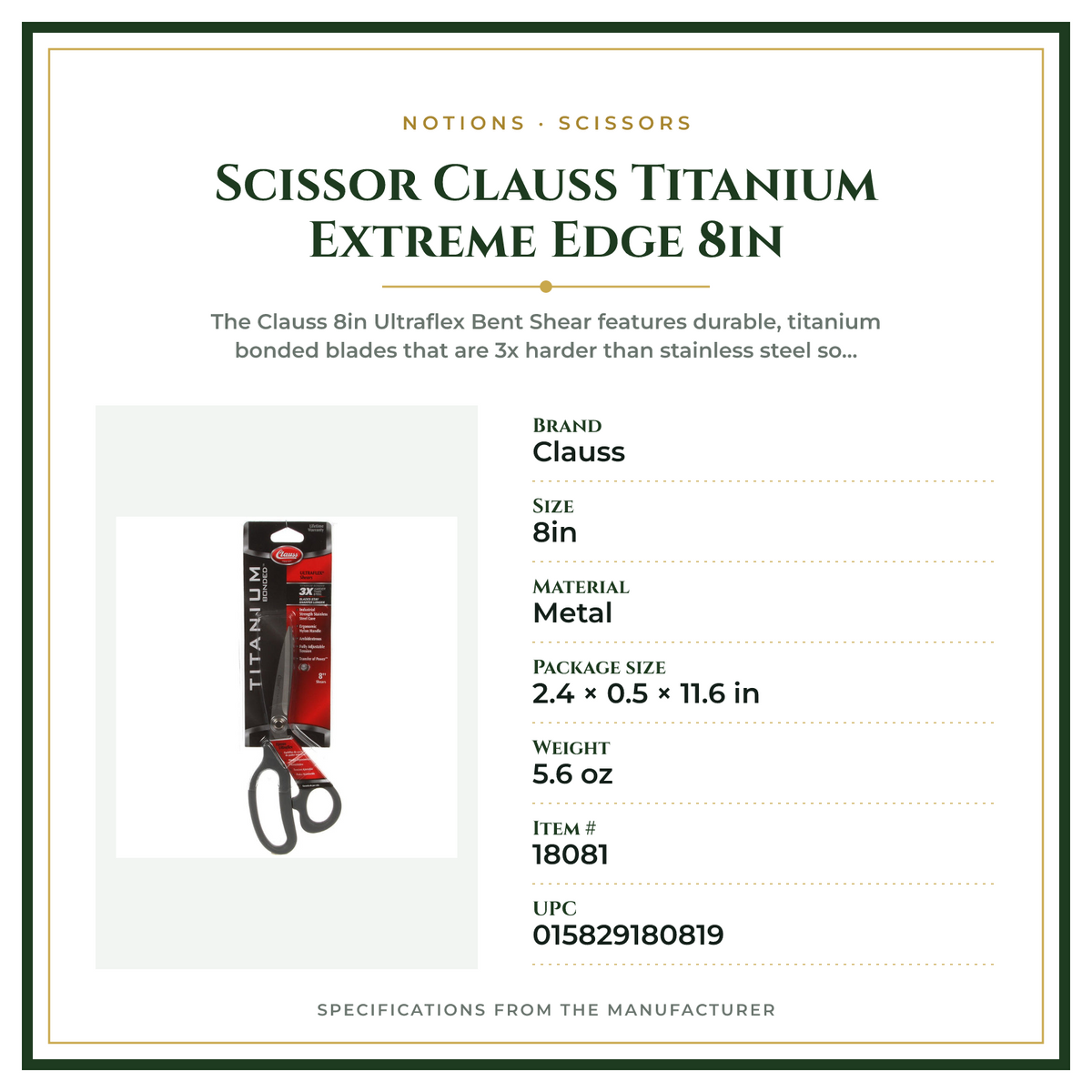 Product Specifications – Scissor Clauss Titanium Extreme Edge 8in
