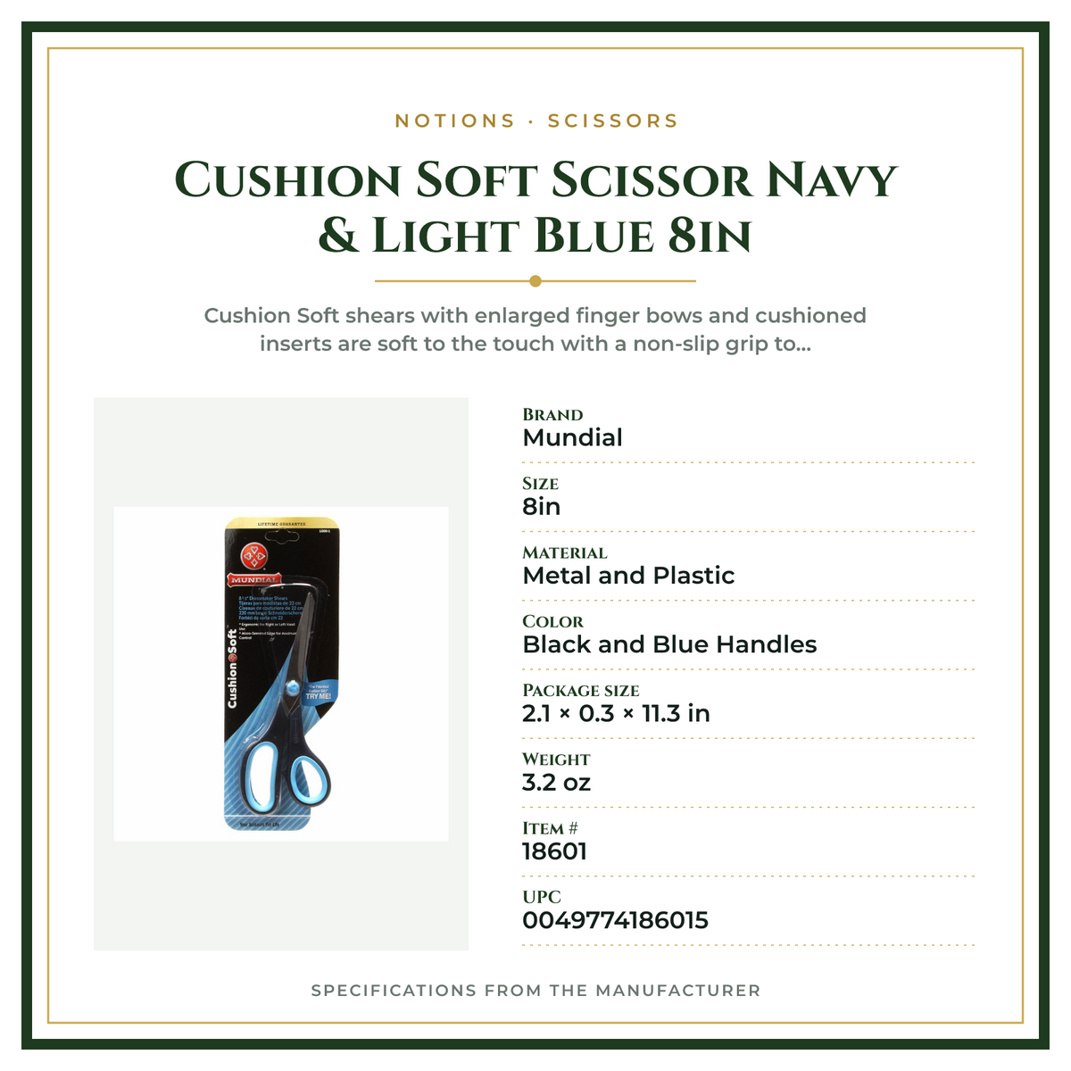 Product Specifications – Cushion Soft Scissor Navy & Light Blue 8in
