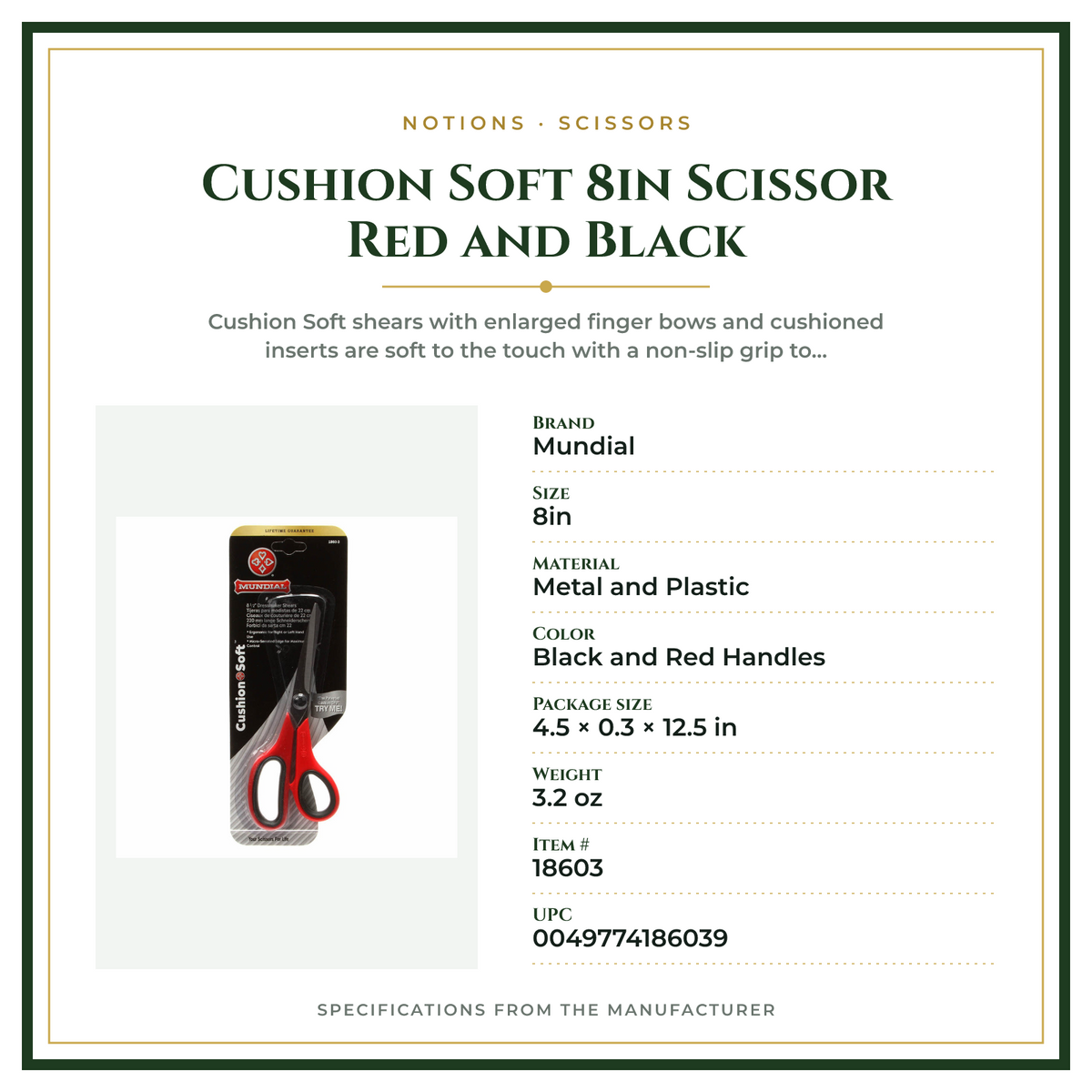 Product Specifications – Cushion Soft 8in Scissor Red and Black
