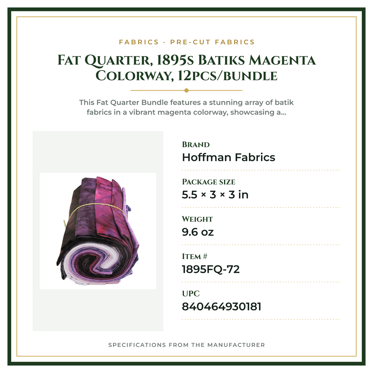 Product Specifications – Fat Quarter, 1895s Batiks Magenta Colorway, 12pcs/bundle