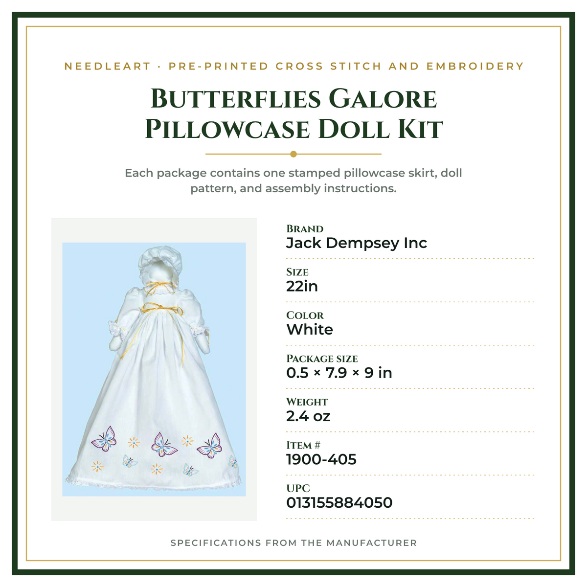 Product Specifications – Butterflies Galore Pillowcase Doll Kit