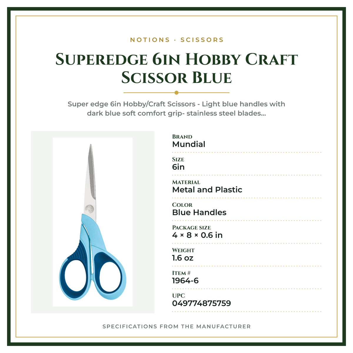 Product Specifications – Superedge 6in Hobby Craft Scissor Blue