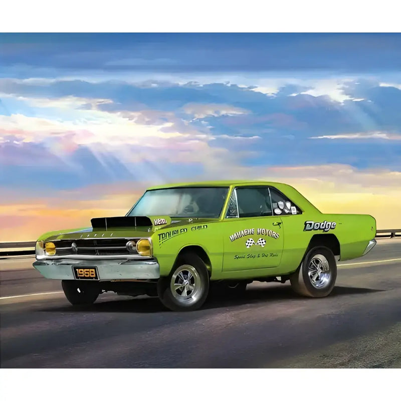 Lime green 1968 Dodge Dart with racing decals on Dodge Dart fabric panel design
