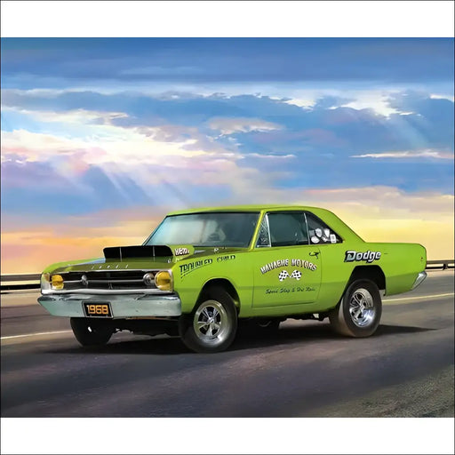 Lime green 1968 Dodge Dart with racing decals on Dodge Dart fabric panel design